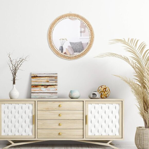 18 Inch Boho Round Hanging Wall Mirror Decorative Rattan Circle Mirrors for Farm - Picture 6 of 7